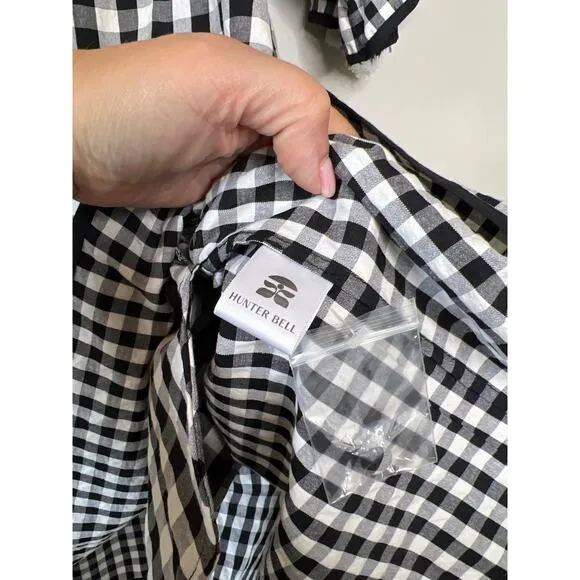 NEW Hunter Bell Megan Gingham Smocked Puff Sleeve Black &amp; White Mini Dress