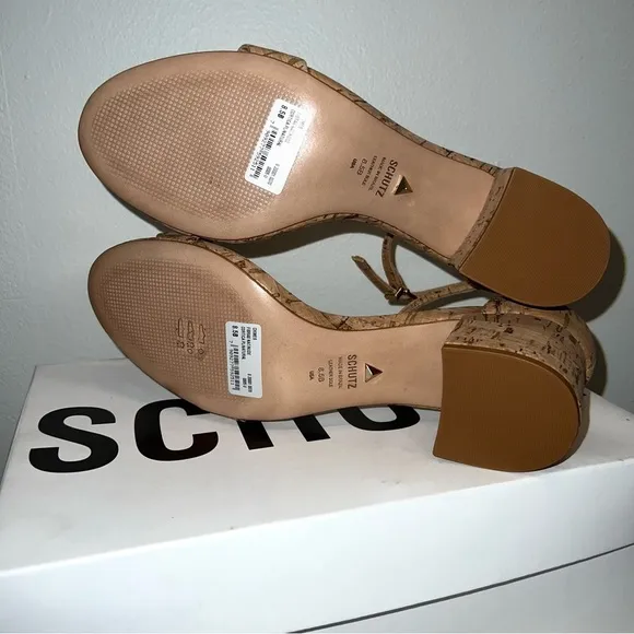 New In The Box Schutz Bebethy Cork Ankle Strap Heel Sandals Natural Size 8.5