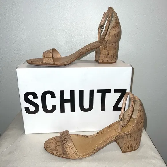 New In The Box Schutz Bebethy Cork Ankle Strap Heel Sandals Natural Size 8.5