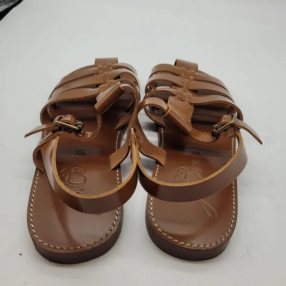 New J Crew womens Fisherman Shiny Spazzolato Leather Ankle Strap Sandals Size 10