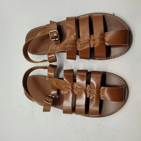 New J Crew womens Fisherman Shiny Spazzolato Leather Ankle Strap Sandals Size 10