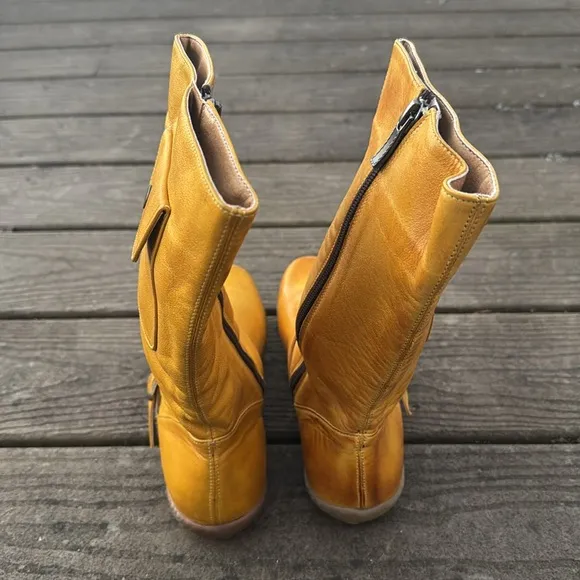NEW Jafa Mustard Yellow Tan Buckle Pocket Leather Boots Sz 37