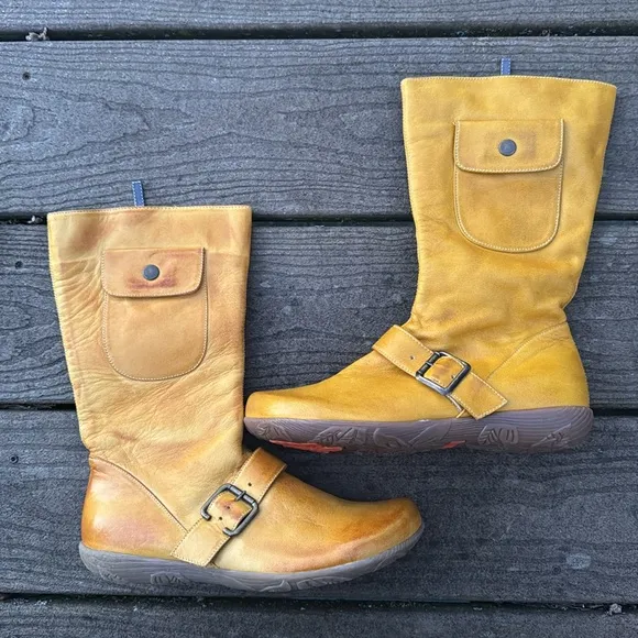 NEW Jafa Mustard Yellow Tan Buckle Pocket Leather Boots Sz 37