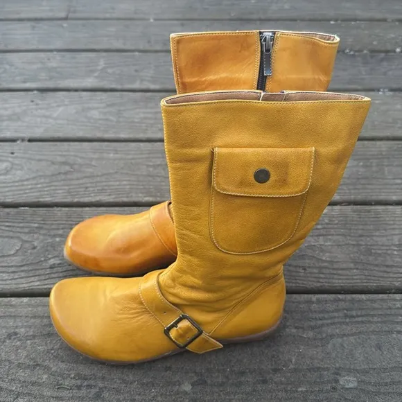NEW Jafa Mustard Yellow Tan Buckle Pocket Leather Boots Sz 37