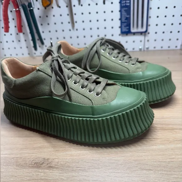 NEW Jil Sander Green Canvas Platform Sneakers