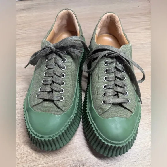 NEW Jil Sander Green Canvas Platform Sneakers