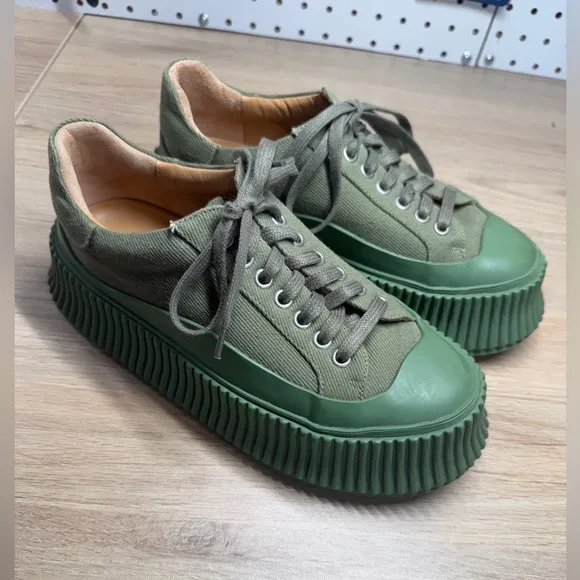 NEW Jil Sander Green Canvas Platform Sneakers
