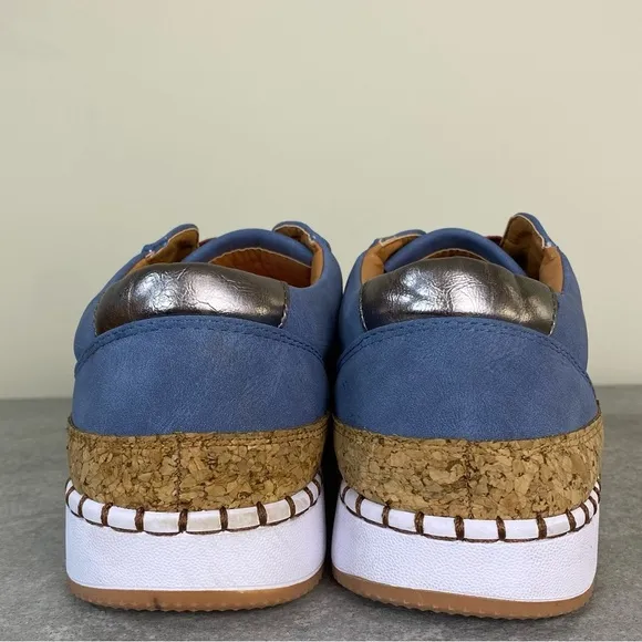 NEW JITUUE  Blue Faux Suede &amp; Cork Womens Boat Sneakers, Candy Stripe EU42, 10US