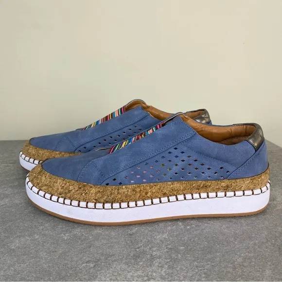 NEW JITUUE  Blue Faux Suede &amp; Cork Womens Boat Sneakers, Candy Stripe EU42, 10US