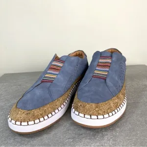 NEW JITUUE  Blue Faux Suede &amp; Cork Womens Boat Sneakers, Candy Stripe EU42, 10US
