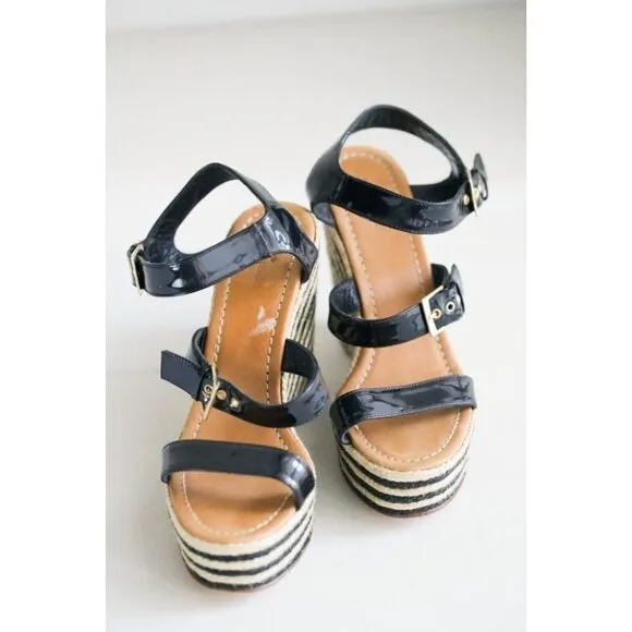 NEW Kate Spade Classic Black PAtent Leather Striped Wedge Espadrilles 10