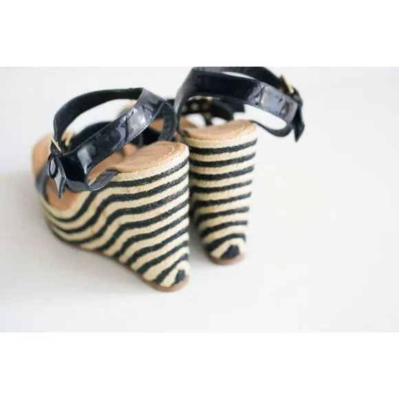 NEW Kate Spade Classic Black PAtent Leather Striped Wedge Espadrilles 10