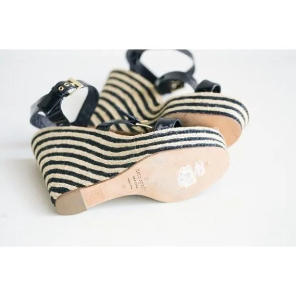 NEW Kate Spade Classic Black PAtent Leather Striped Wedge Espadrilles 10