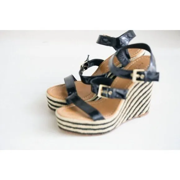 NEW Kate Spade Classic Black PAtent Leather Striped Wedge Espadrilles 10