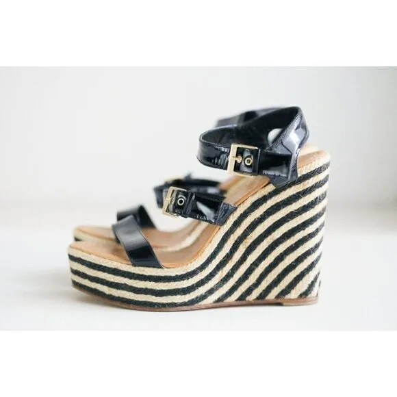 NEW Kate Spade Classic Black PAtent Leather Striped Wedge Espadrilles 10