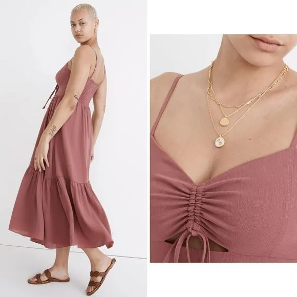 NEW Madewell Ruched Keyhole Tiered‎ Midi Dress, Vintage Quartz