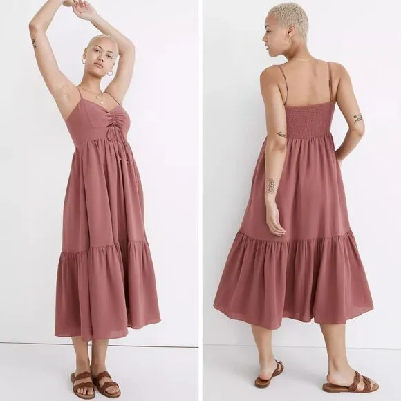 NEW Madewell Ruched Keyhole Tiered‎ Midi Dress, Vintage Quartz