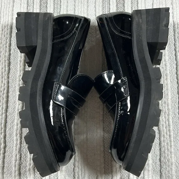 New Marc Fisher Womens Patent Leather Latika Chunky Platform Loafer Black Size 6