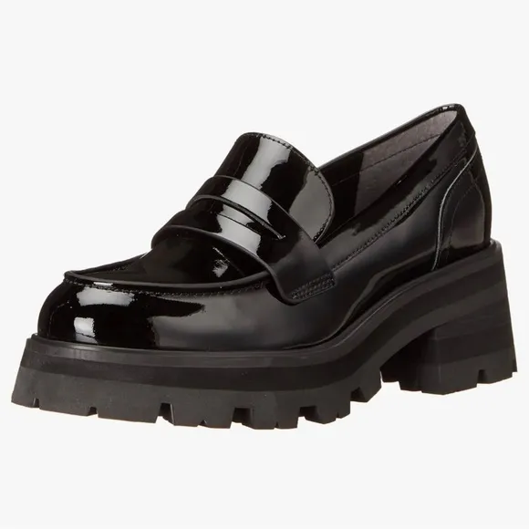 New Marc Fisher Womens Patent Leather Latika Chunky Platform Loafer Black Size 6