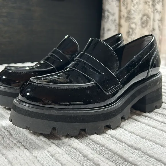 New Marc Fisher Womens Patent Leather Latika Chunky Platform Loafer Black Size 6