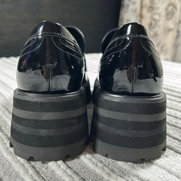 New Marc Fisher Womens Patent Leather Latika Chunky Platform Loafer Black Size 6