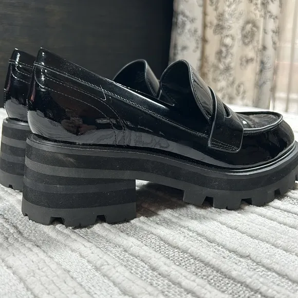 New Marc Fisher Womens Patent Leather Latika Chunky Platform Loafer Black Size 6