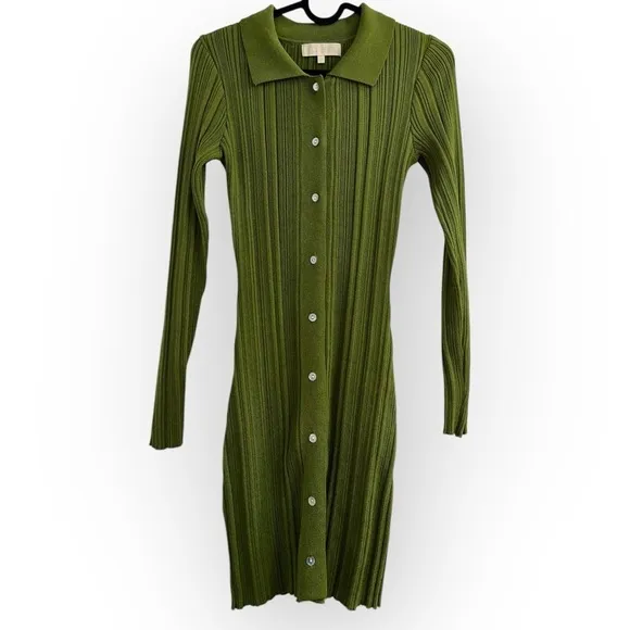 NEW Meshki rib bodycon knit stretch forest Green polo collar LS sweater dress XS