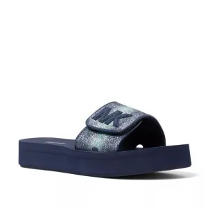 New! MICHAEL KORS Glitter MK Logo Platform Slide Sandals Shoes Open-Toe Blue 8