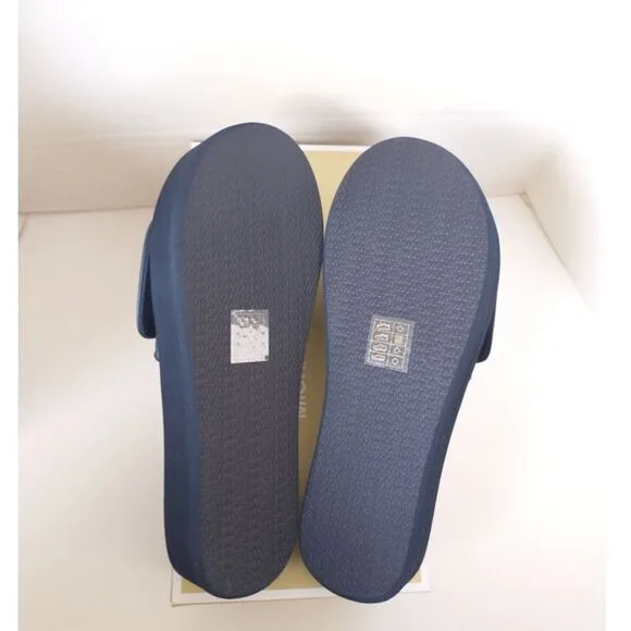 New! MICHAEL KORS Glitter MK Logo Platform Slide Sandals Shoes Open-Toe Blue 8