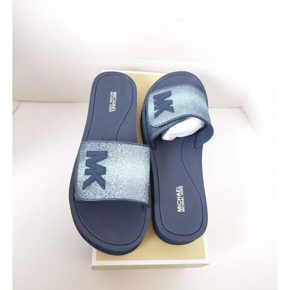New! MICHAEL KORS Glitter MK Logo Platform Slide Sandals Shoes Open-Toe Blue 8