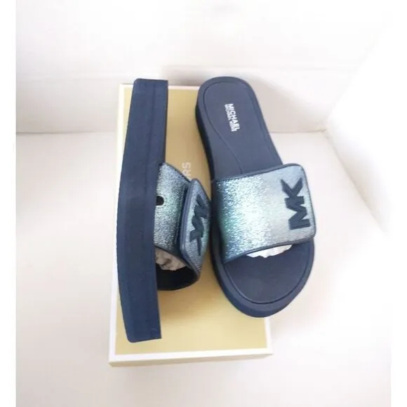 New! MICHAEL KORS Glitter MK Logo Platform Slide Sandals Shoes Open-Toe Blue 8