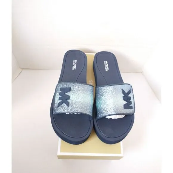 New! MICHAEL KORS Glitter MK Logo Platform Slide Sandals Shoes Open-Toe Blue 8