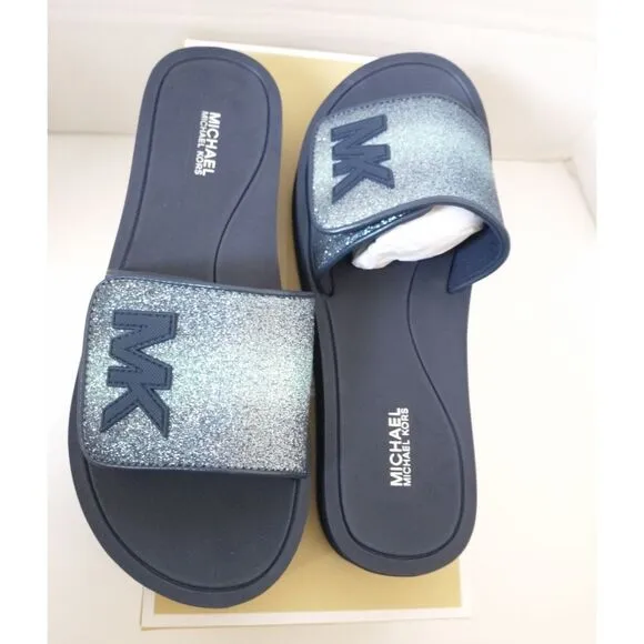 New! MICHAEL KORS Glitter MK Logo Platform Slide Sandals Shoes Open-Toe Blue 8