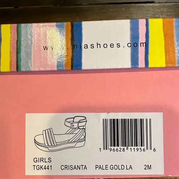 New NIB Big Kids Mia‎ Crisanta Metallic Leather Ankle Strap Sandals Size 2 Y