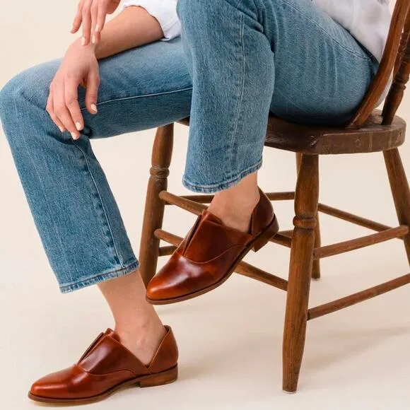 New Nisolo Women’s Emma Oxford D’Orsay Flats Shoes Brandy Brown Tan 6.5 Leather