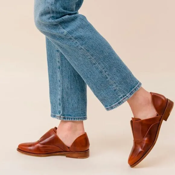 New Nisolo Women’s Emma Oxford D’Orsay Flats Shoes Brandy Brown Tan 6.5 Leather