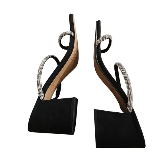 New Nordstrom Lisa Vicky Black Women  Pave Block Heel Slide Sandal Size 9.5M
