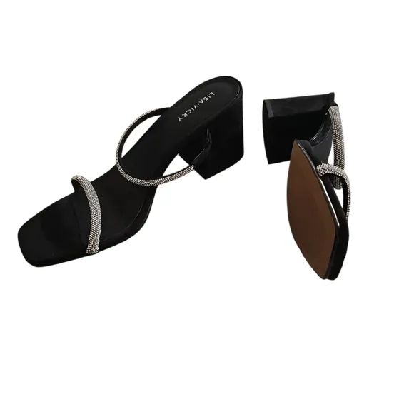 New Nordstrom Lisa Vicky Black Women  Pave Block Heel Slide Sandal Size 9.5M
