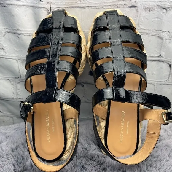 New Paloma Barcelo Truvi Patent Leather Strap Platform Espadrille Sandal Size 38