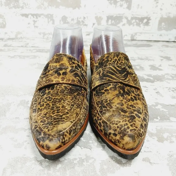 NEW Paul Green Brown Leopard Animal Print Pointed Toe Slip On Loafers A600