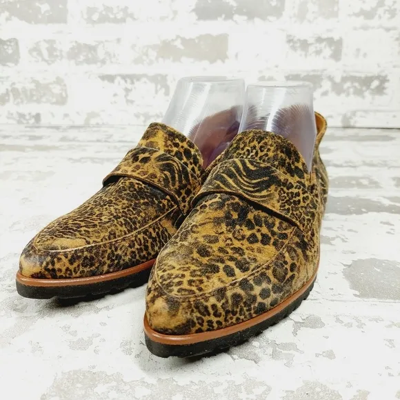 NEW Paul Green Brown Leopard Animal Print Pointed Toe Slip On Loafers A600
