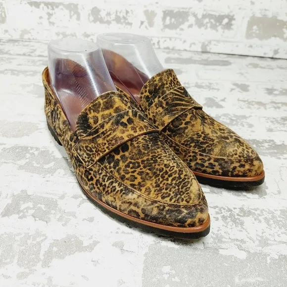 NEW Paul Green Brown Leopard Animal Print Pointed Toe Slip On Loafers A600