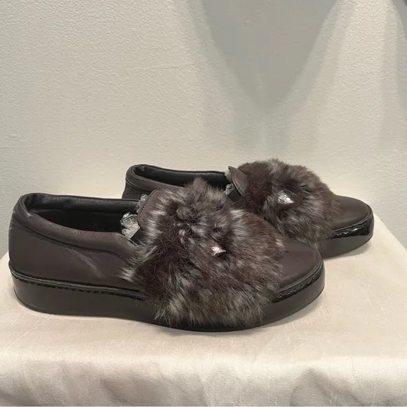 NEW PIAMPIANI  Black Leather Platform Loafers Faux Fur w Gems SIZE 38 Italy Made