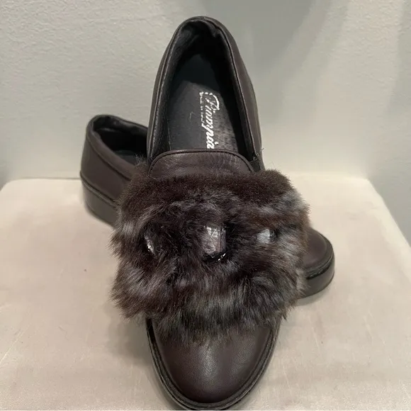 NEW PIAMPIANI  Black Leather Platform Loafers Faux Fur w Gems SIZE 38 Italy Made