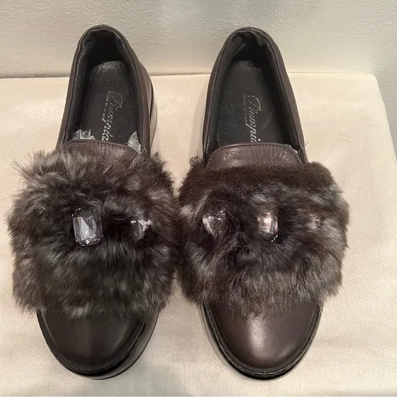 NEW PIAMPIANI  Black Leather Platform Loafers Faux Fur w Gems SIZE 38 Italy Made