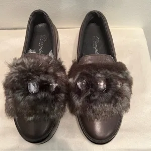 NEW PIAMPIANI  Black Leather Platform Loafers Faux Fur w Gems SIZE 38 Italy Made
