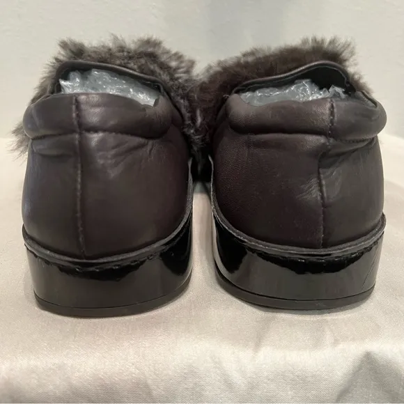 NEW PIAMPIANI  Black Leather Platform Loafers Faux Fur w Gems SIZE 38 Italy Made