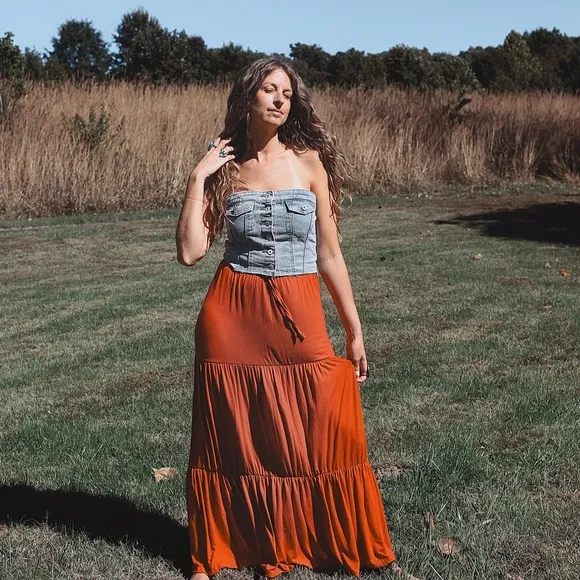 New Pumpkin Rust Pleated Maxi Goddess Tiered Skirt
