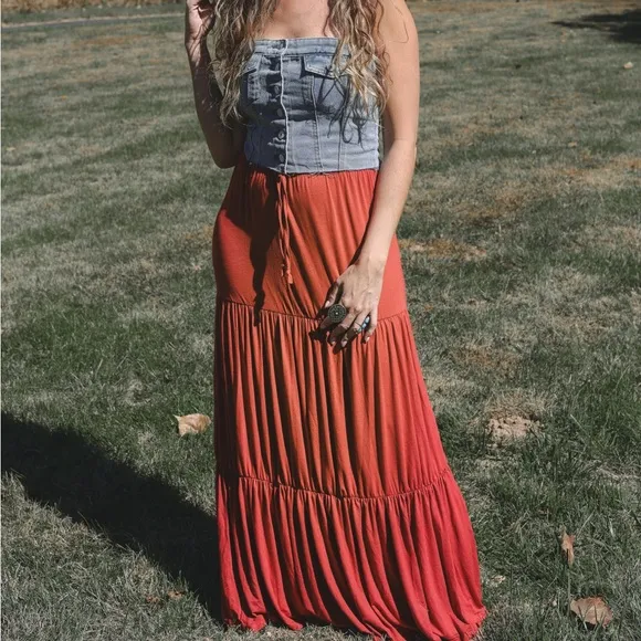 New Pumpkin Rust Pleated Maxi Goddess Tiered Skirt