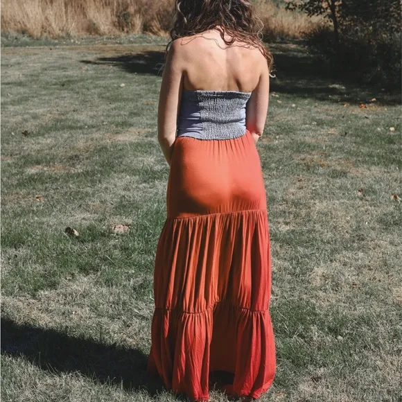 New Pumpkin Rust Pleated Maxi Goddess Tiered Skirt